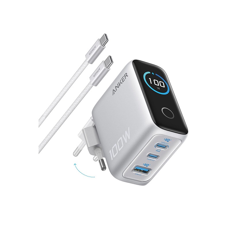 Anker Charger 100W, 3 Ports, Smart Display (white)  with 1.5 m. cable