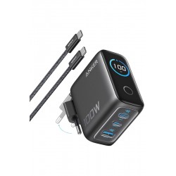 Anker Charger 100W, 3 Ports, Smart Display (black)  with 1.5 m. cable