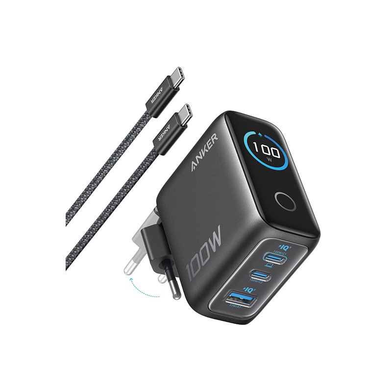 Anker Charger 100W, 3 Ports, Smart Display (black)  with 1.5 m. cable